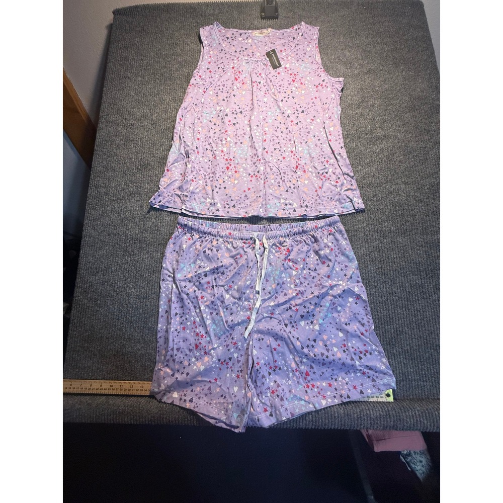 Enjoynight Womens Pajama Set Purple Heart Star Print Tank Shorts XL NWT